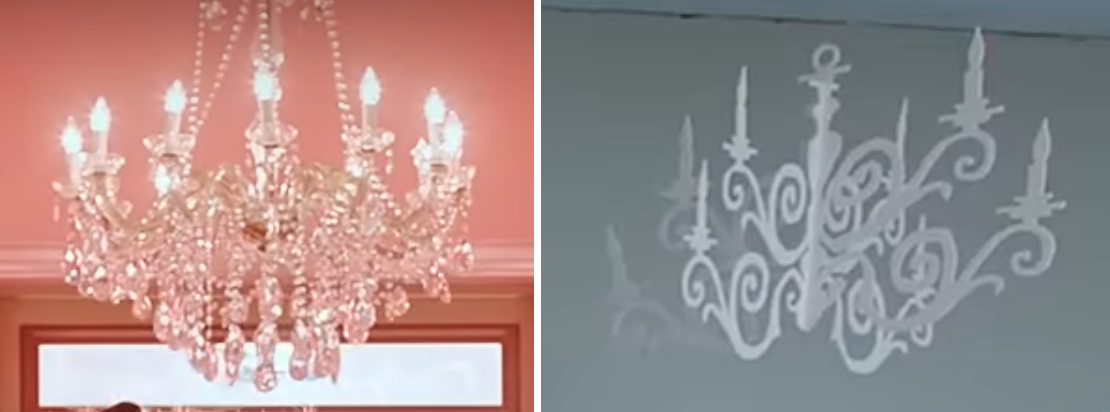 Left: An ornate chandelier. Right: A paper cut-out chandelier.